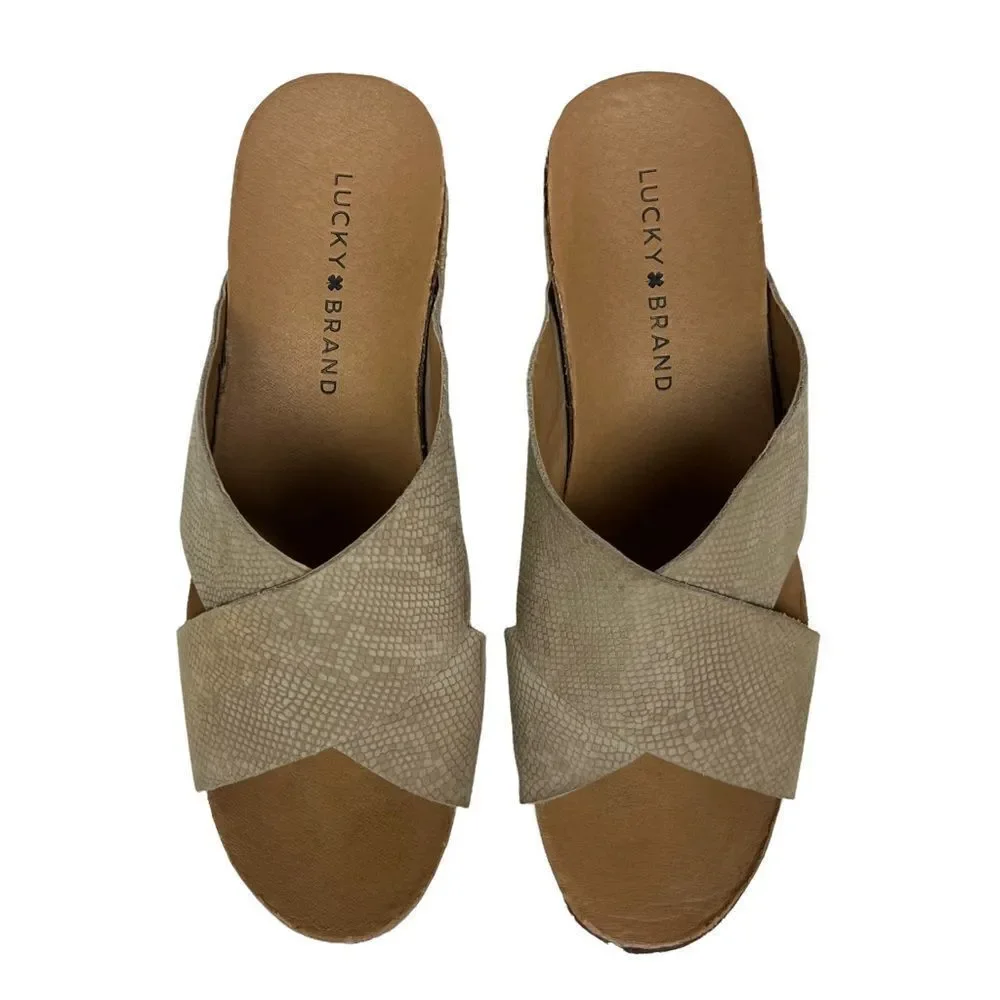 Lucky Brand Wedge Neeka Sandals Snake Skin Print Tan Cream Leather Upper 9M